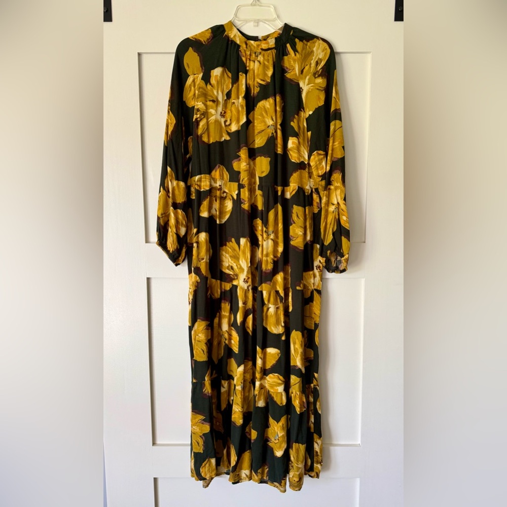 Green Dress with Yellow Floral Print - Women's Flowing Midi Dress